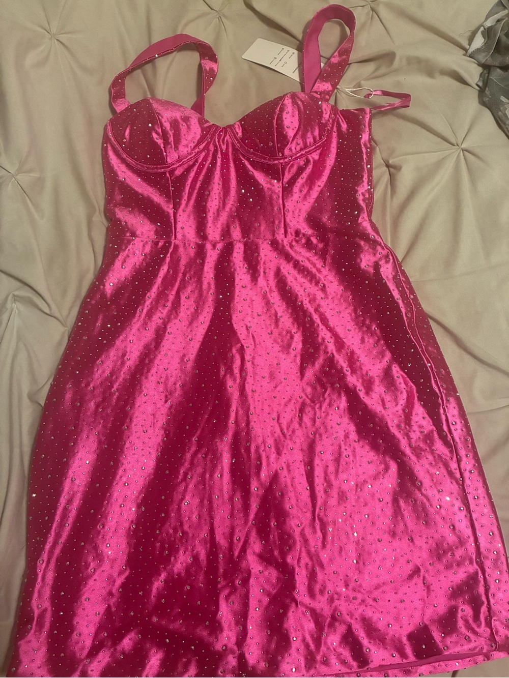 Women's Hot Pink Satin Slip Dress with Rhinestone Accents